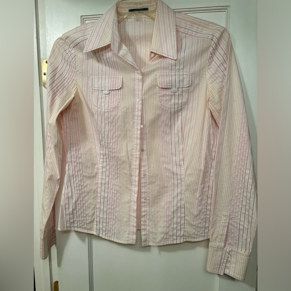White buttoned down top with thin pink and yellow pinstripes
